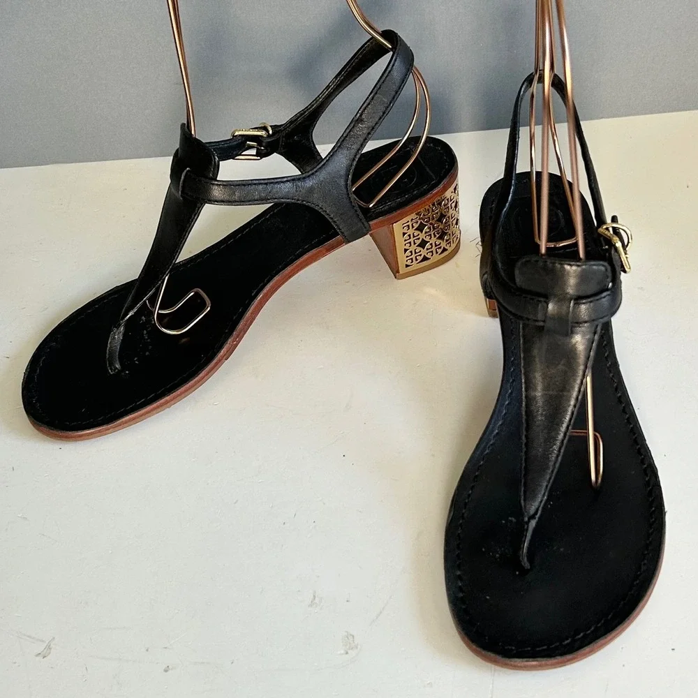 Tory Burch Sandals Size 8.5 Audra Black Leather T-Strap Thong Gold Logo Heel